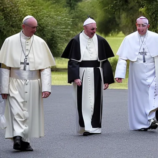 Prompt: priest, pope, jackal, [ nun ], walking down the road,