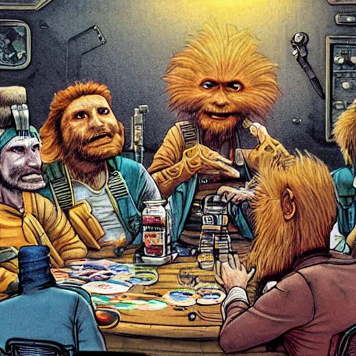 Image similar to scruffy punk starship crew sitting at table and getting drunk and singing folk music, extraterrestrials, alien 1 9 7 9, ron cobb, jim henson creature shop, mike mignogna, highly detailed, comic book, science fiction, used future