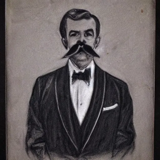 Image similar to charcoal portrait of an early 20th century occult detective mustache, bow tie