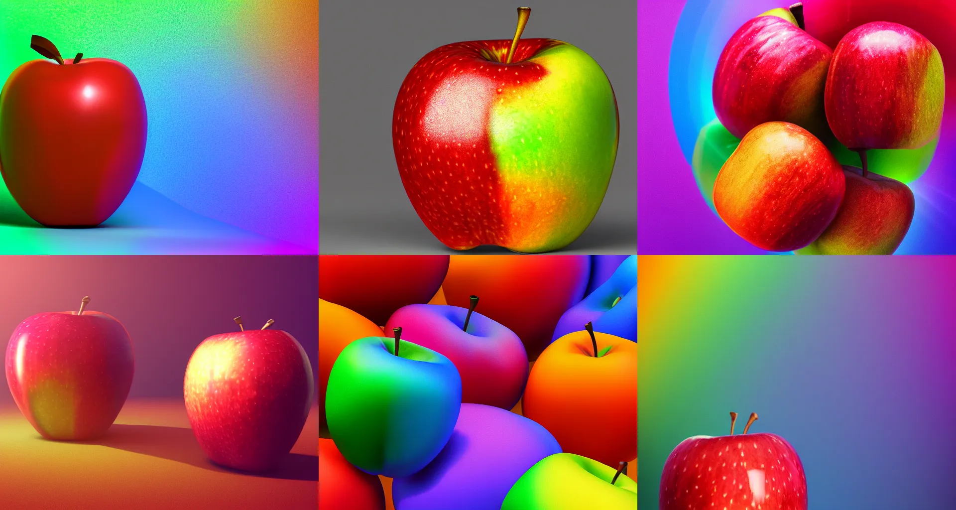 Prompt: Rainbow apple, studio lighting, post processing, light background, Octane Render, trending on ArtStation