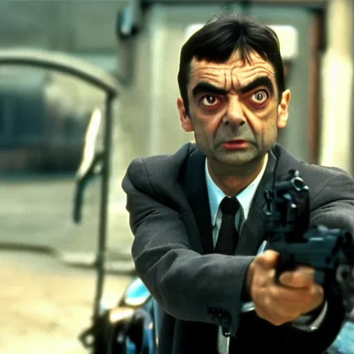 Image similar to film still of Mr. Bean playing Terminator, 4k