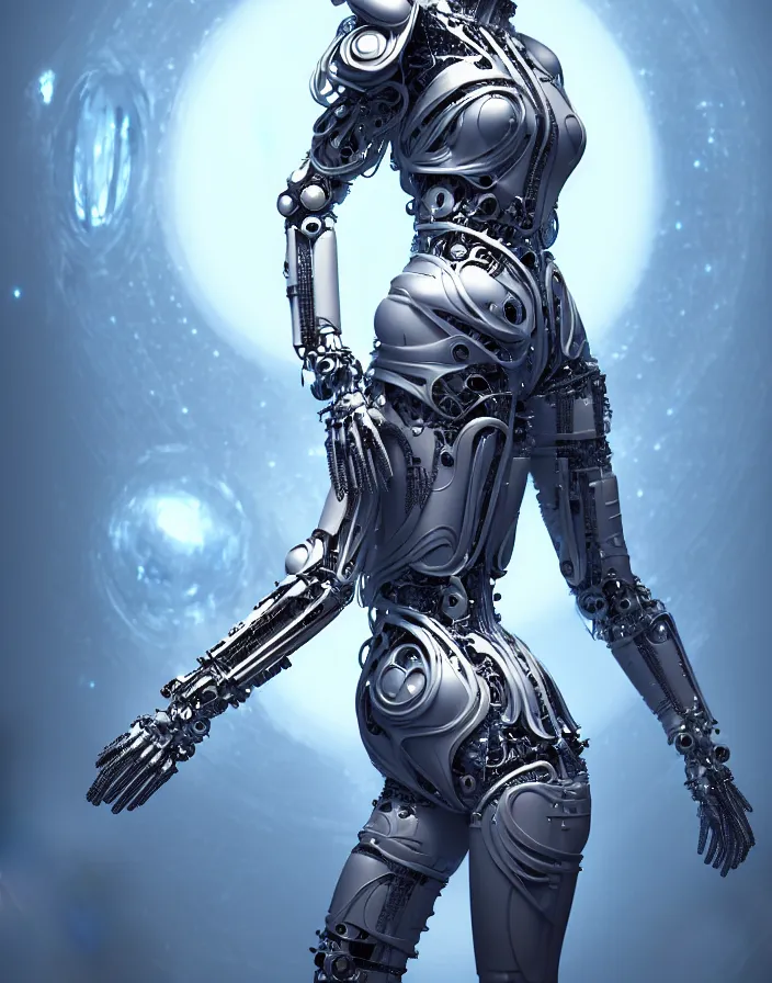 Image similar to full lenght shot, super hero pose, woman in biomechanical dress, inflateble shapes, wearing epic bionic cyborg implants, masterpiece, intricate, biopunk futuristic wardrobe, highly detailed, artstation, concept art, background galaxy, cyberpunk, octane render