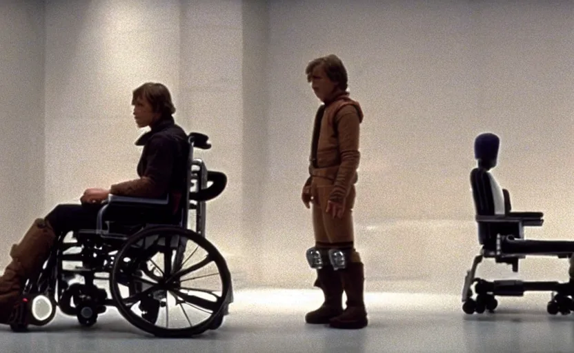 Image similar to cinematic still image screenshot portrait luke skywalker in cybernetic wheel chair talking to a lonely droid, from the tv show on disney + anamorphic lens, photo 3 5 mm film kodak from empire strikes back crisp 4 k imax