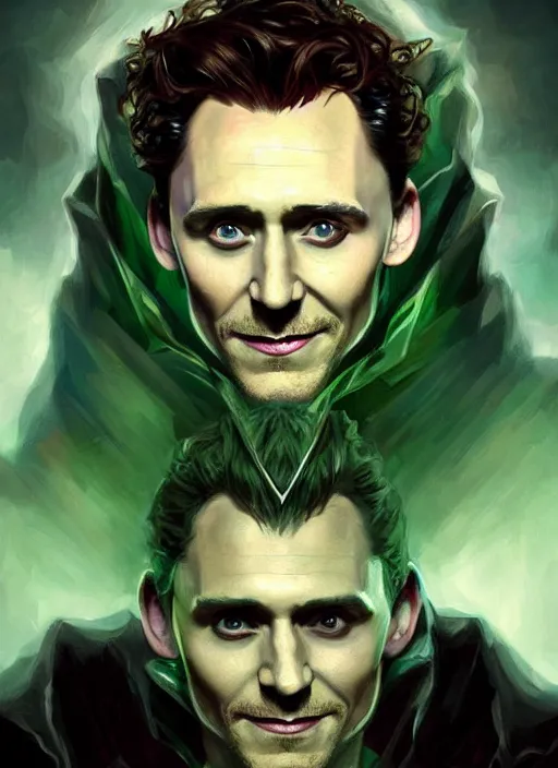 Prompt: portrait of tom hiddleston as a vampire lord, jewelry, greek, emerald, intricate, headshot, highly detailed, digital painting, artstation, concept art, sharp focus, cinematic lighting, illustration, art by artgerm and greg rutkowski, alphonse mucha, cgsociety