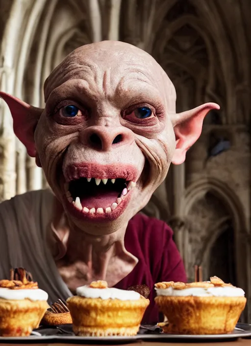 Image similar to closeup portrait of a medieval goblin eating cakes in the cloisters, depth of field, zeiss lens, detailed, symmetrical, centered, fashion photoshoot, by Annie Leibovitz and Steve McCurry, David Lazar, Jimmy Nelsson, Breathtaking, 8k resolution, extremely detailed, beautiful, establishing shot, artistic, hyperrealistic, beautiful face, octane render