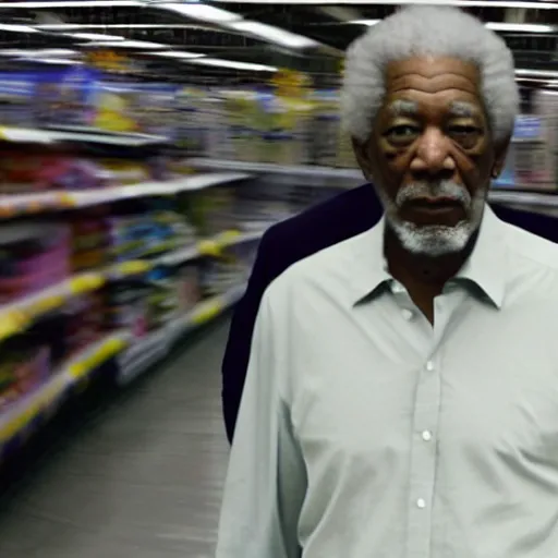 Prompt: a surveillance footage of Morgan Freeman at Walmart