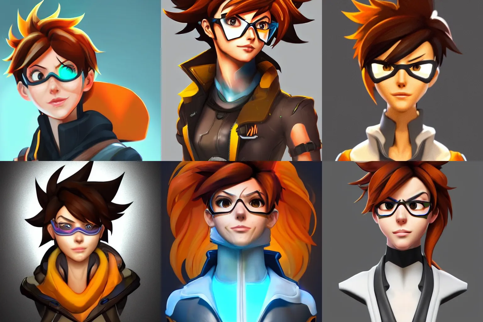 Prompt: a character bust portrait of Tracer from Overwatch, digital concept art, professional, digital art, 2d, stylized, beautiful, colorful, clean and simple, warm lighting, Krita, Artstation, Pinterest