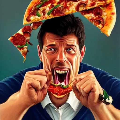 Image similar to portrait of Tony Robbins opening his mouth to eat pizza, also smashing pizza with his fists, highly detailed, digital painting, artstation, concept art, sharp focus, illustration, art by artgerm and greg rutkowski and alphonse mucha