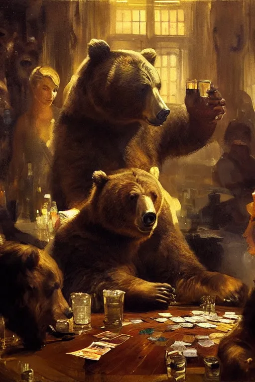 Prompt: portrait of bear gambling in the club by anders zorn, wonderful masterpiece by greg rutkowski, beautiful cinematic light, by greg manchess, jessica rossier