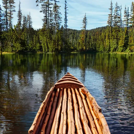 Image similar to primitive wooden dock on a lake coast with primitive rowboats docked at it, bushcraft, made of logs