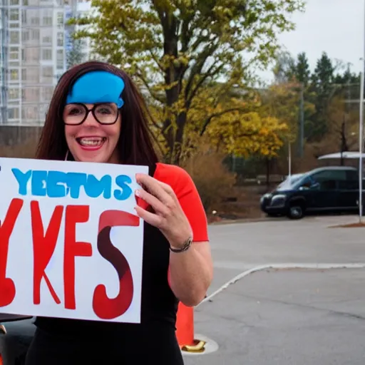 Prompt: Velma holding up a big sign that says YES