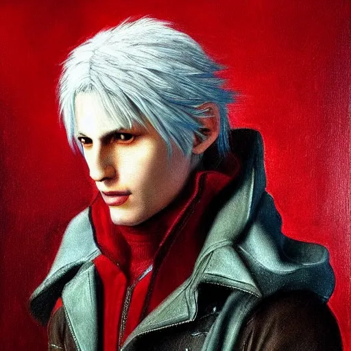 Image similar to a striking hyper real painting of dante from devil may cry by da Vinci, pale blond curly hair