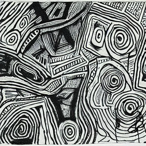 Image similar to minimalictic black and white art brut, ink, pencil