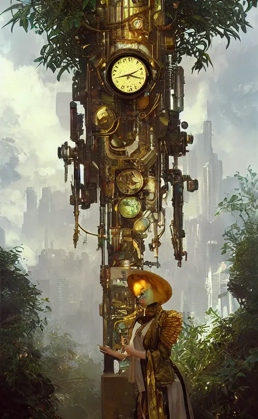 Image similar to hyper realistic time machine, cyberpunk, design on white background, beautiful details, lush foliage cyberpunk, gold, drawn by john singer sargent, tom bagshaw, norman rockwell, alphonso mucha, lolish, trending on artstation