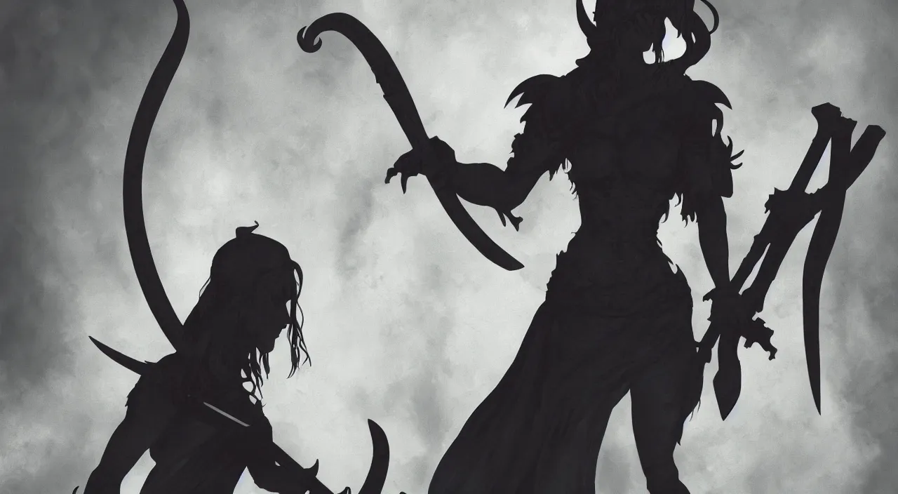 Prompt: Intense silhouette of a female tiefling holding a large sword, mourning the loss of her victim, fantasy art, trending on artstation, 4k, HD