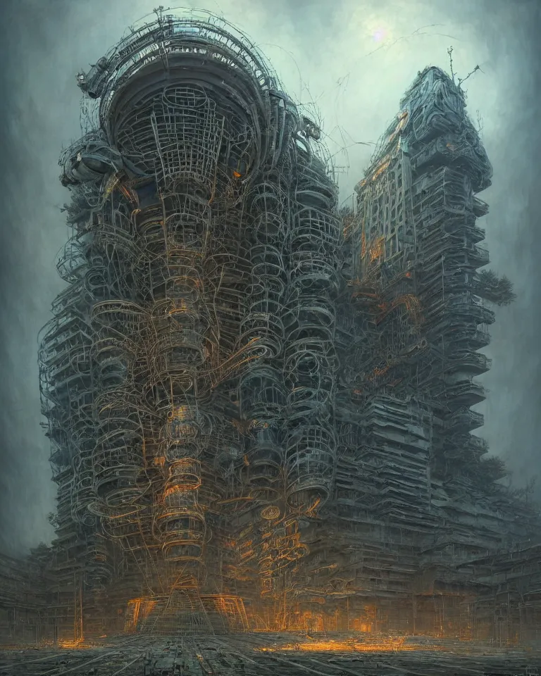 Prompt: low angle shot of a cyberpunk robot building in chernobyl, intricate, elegant, highly detailed, centered, digital painting, artstation, concept art, smooth, sharp focus, illustration, artgerm, tomasz alen kopera, peter mohrbacher, donato giancola, joseph christian leyendecker, wlop, boris vallejo