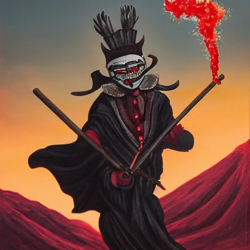 Image similar to a highly detailed pulcinella with a pizza margherita, black mask, full body, volcano in background, lava and smoke, ominous, detailed painting by arturo faldi, trending on deviantart, octane, masterpiece, masqua