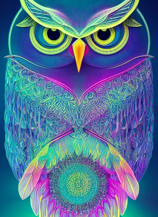 Image similar to symmetry!! product render poster vivid colors divine proportion owl, 神 圣, glowing fog intricate, elegant, highly detailed, digital painting, artstation, concept art, smooth, sharp focus, illustration,