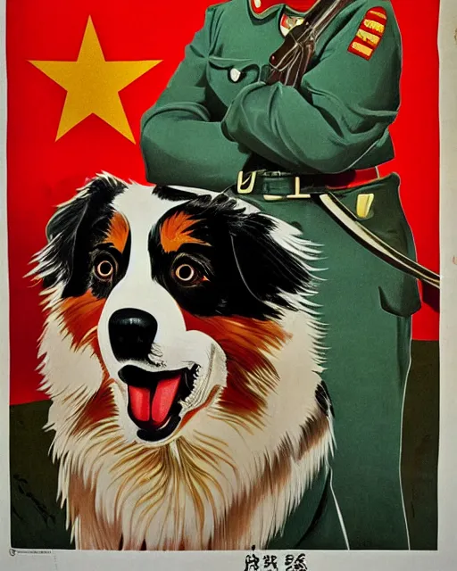 Image similar to communist propaganda poster of an australian shepherd soldier, communist china art