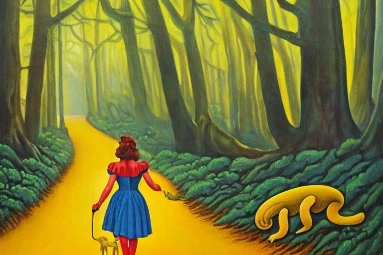 Prompt: a stunning wpa style painting of dorothy walking down the yellow brick road through a creepy forest with her friends, award winning art, banana slug.