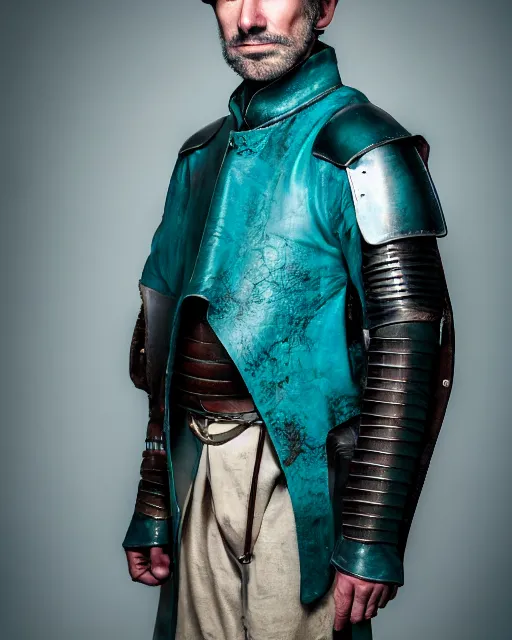 Prompt: an award - winning photo of a ancient male model wearing a baggy teal distressed medieval menswear leather jacket slightly inspired by medieval armour, 4 k, studio lighting, wide angle lens