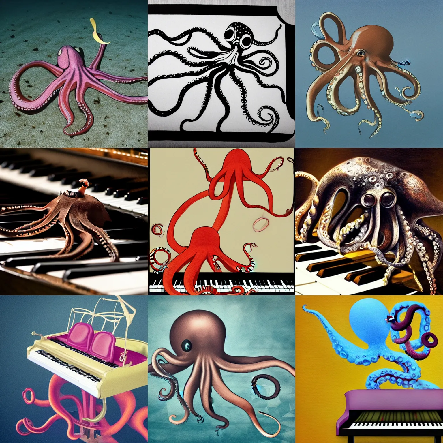 Prompt: octopus playing grand piano