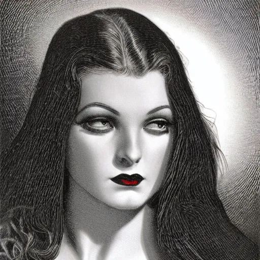 Prompt: a hyperrealistic portrait painting of a beautiful female vampire, by virgil finlay, highly detailed,