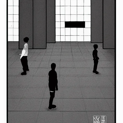 Image similar to manga illustration, two men standing at the edge of reality, dynamic perspective, y 2 k, unknown