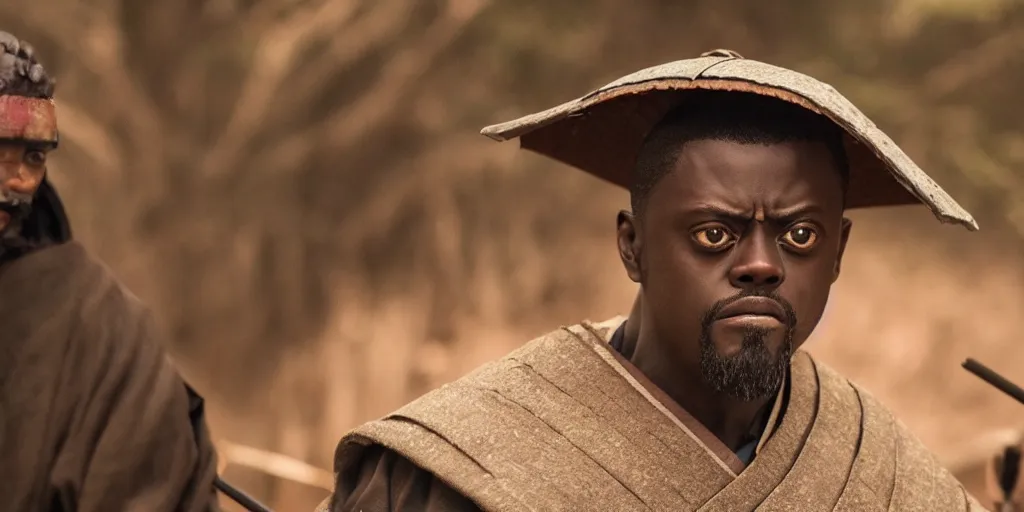 Prompt: a film still of daniel kaluuya starring as a japanese samurai in a japanese blockbuster film, shallow depth of field, cinematic, award winning cgi, vfx, film still
