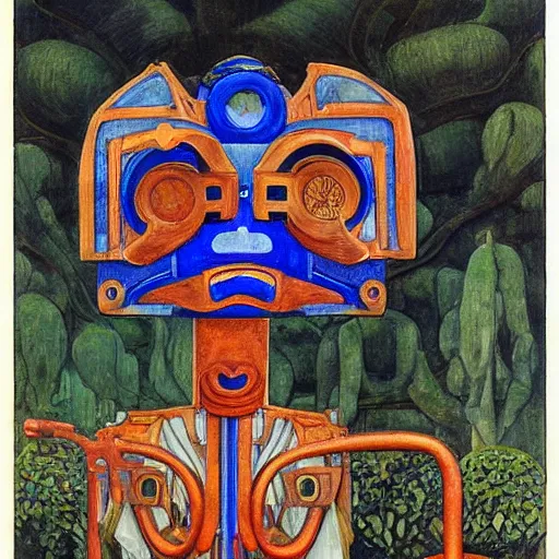 Prompt: the robot in her intricate mechanical mask stand on the lawn, by annie swynnerton and diego rivera and kit williams and leo and diane dillon and nicholas roerich, symbolist, dramatic lighting, elaborate geometric ornament, art brut, god rays, soft cool colors, smooth, sharp focus, extremely detailed, adolf wolfli