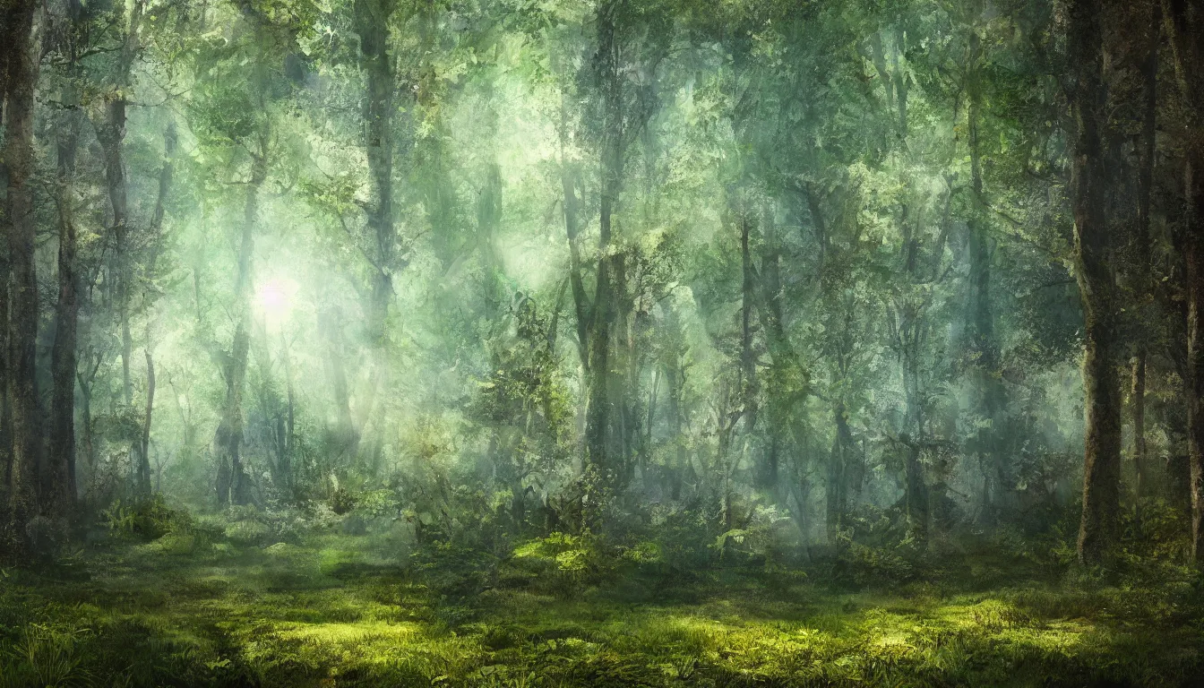 Prompt: a clearing in a forest, digital art, highly detailed, realistic, bright colors, 8 k, trending on artstation, studio lighting