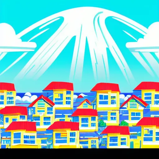 Image similar to giant tsunami wave that is 20 miles high, approaching about to crash into a small coastal town. miniature buildings compared to giant waves are so tall, they seem to touch the sky, large scale image, cartoon color drawing vector illustration, 2d photorealistic flat anime style