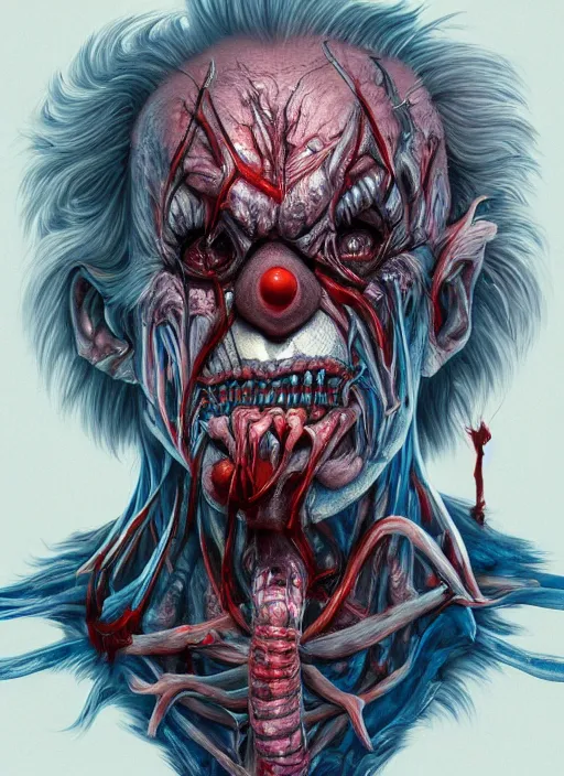 Image similar to evil horror clown, monster anatomy, ross tran, vivid colors, anatomical, highly detailed sculpture, intricate detailed, ommatidia, 8 k, cinematic atmosphere, post - processing