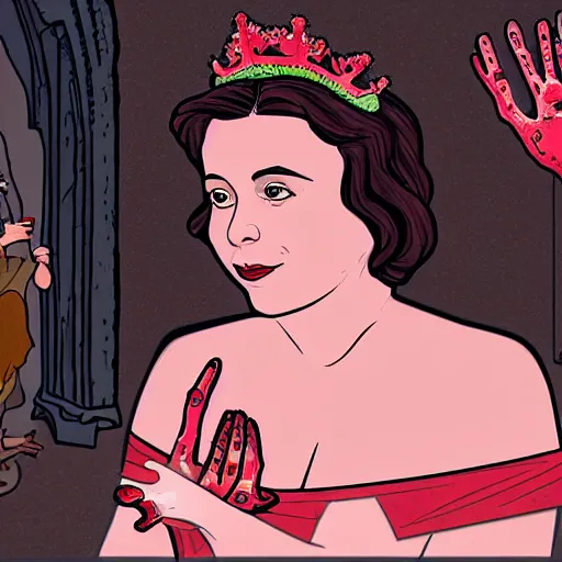 Image similar to rachel bloom as an animated princess looking at a statue of christ covered in bloody severed thief hands in a medieval world with lots of disease and cruelty, digital art