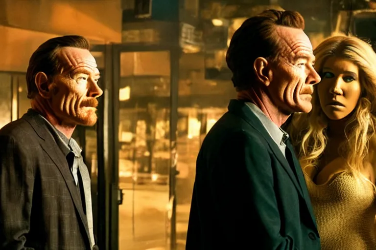 Image similar to film still of bryan cranston and kesha in cosmic horror! the musical by david cronenberg, budapest street background, 3 5 mm film, atmospheric, ultra fine detail, film grain, photorealistic, hyperrealistic dramatic lighting