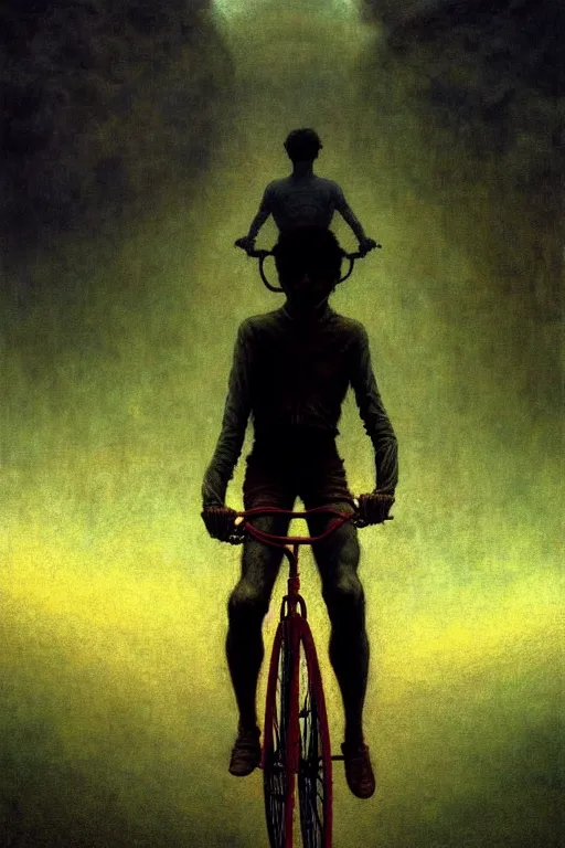 Image similar to young man riding a bicycle with a colorful energy, in the style of beksinski, solarpunk, atmospheric, clean, intricate and epic composition, gray by caravaggio, insanely quality, highly detailed, masterpiece, white light, artstation, 4 k