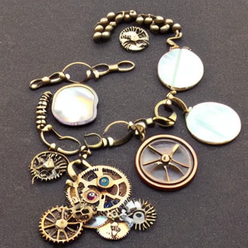 Image similar to steampunk jewelry with mother of pearl