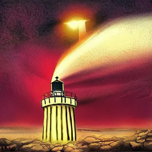 Prompt: lighthouse at the end of the world. Nuclear explosion in the background. Album art.