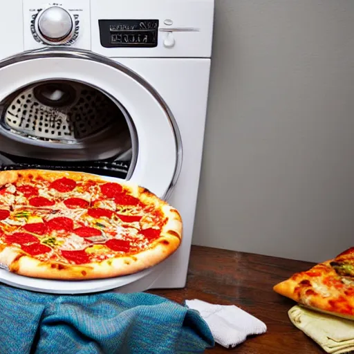 Image similar to photo of a washing machine with pizza spinning inside it