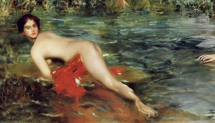 Image similar to artwork painting of a woman looking into the water, there are figures under the water looking by eugene von guerard, ivan shishkin, john singer sargent