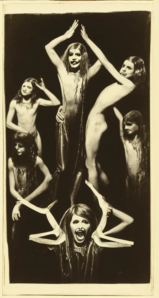 Prompt: wet plate photograph, portrait of olivia newton john cheerfully performing satanic occult dance rituals, alistaire crowley drawings in the background, 1850