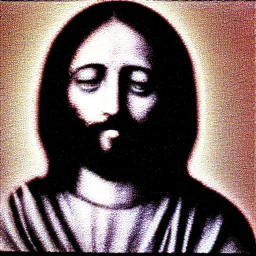 Image similar to vhs static overlay of jesus apparition, vhs, 1 9 9 0, highly realistic, highly detailed, vhs noise static, black and white, vhs glitch