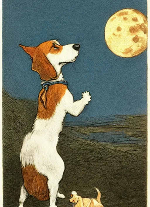 Image similar to candid portrait of jack russel dog howling at the moon, from behind, night sky, highly detailed, illustrated by peggy fortnum and beatrix potter and sir john tenniel