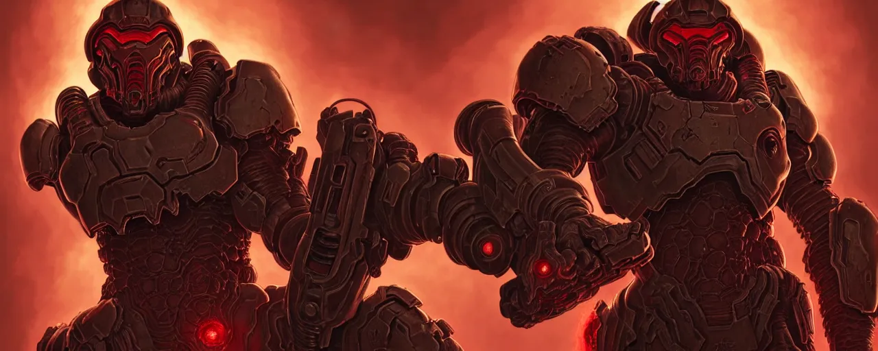 Image similar to doom slayer from doom eternal, illustration, intricate, without duplication, art by artgerm and richard hamilton and mimmo rottela