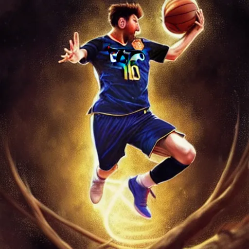 Prompt: Messi dunking a basketball, NBA, D&D style, fantasy, intricate, elegant, highly detailed, digital painting, artstation, concept art, matte, sharp focus, illustration, art by Artgerm and Greg Rutkowski and Alphonse Mucha