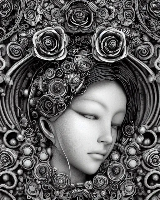 Image similar to mythical dreamy black and white organic bio-mechanical spinal ribbed profile face portrait detail of translucent steampunk beautiful siamese sisters females angelic-human-queen-vegetal-cyborg, highly detailed, intricate trnaslucent ivy jelly ornate, poetic, translucent roses ornate, 3D render, digital art, octane render, 8K artistic photography, photo-realistic, by Dora Maar