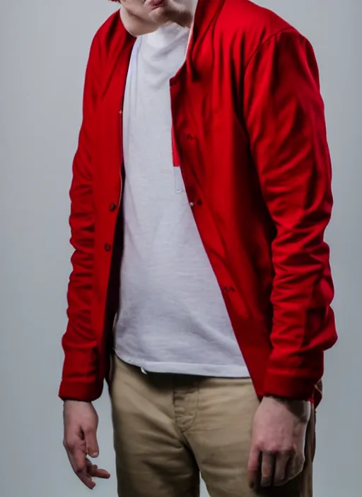 Image similar to portrait photo still of real life philip j fry wearing a red jacket and white shirt, 8 k, 8 5 mm, f. 1 4