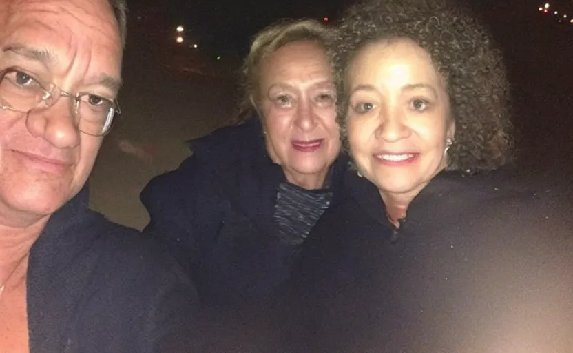 Prompt: my auntie that barely look like tom hanks if he was poor asf accidentally taking a selfie, front camera, camera flash is so bright in his face, viral, selfie, viral on twitter, viral on instagram, viral photo