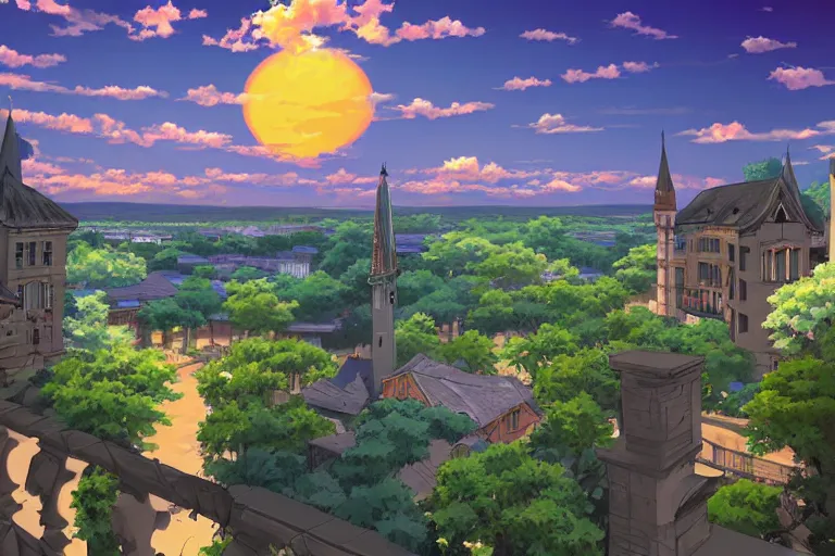 Image similar to anime digital art view from castle balcony sunset