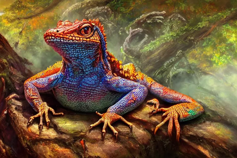 Image similar to highly detailed oil painting of a lizard man sitting in a steaming colorful hotspring with woodland forest backdrop, featured on artstation